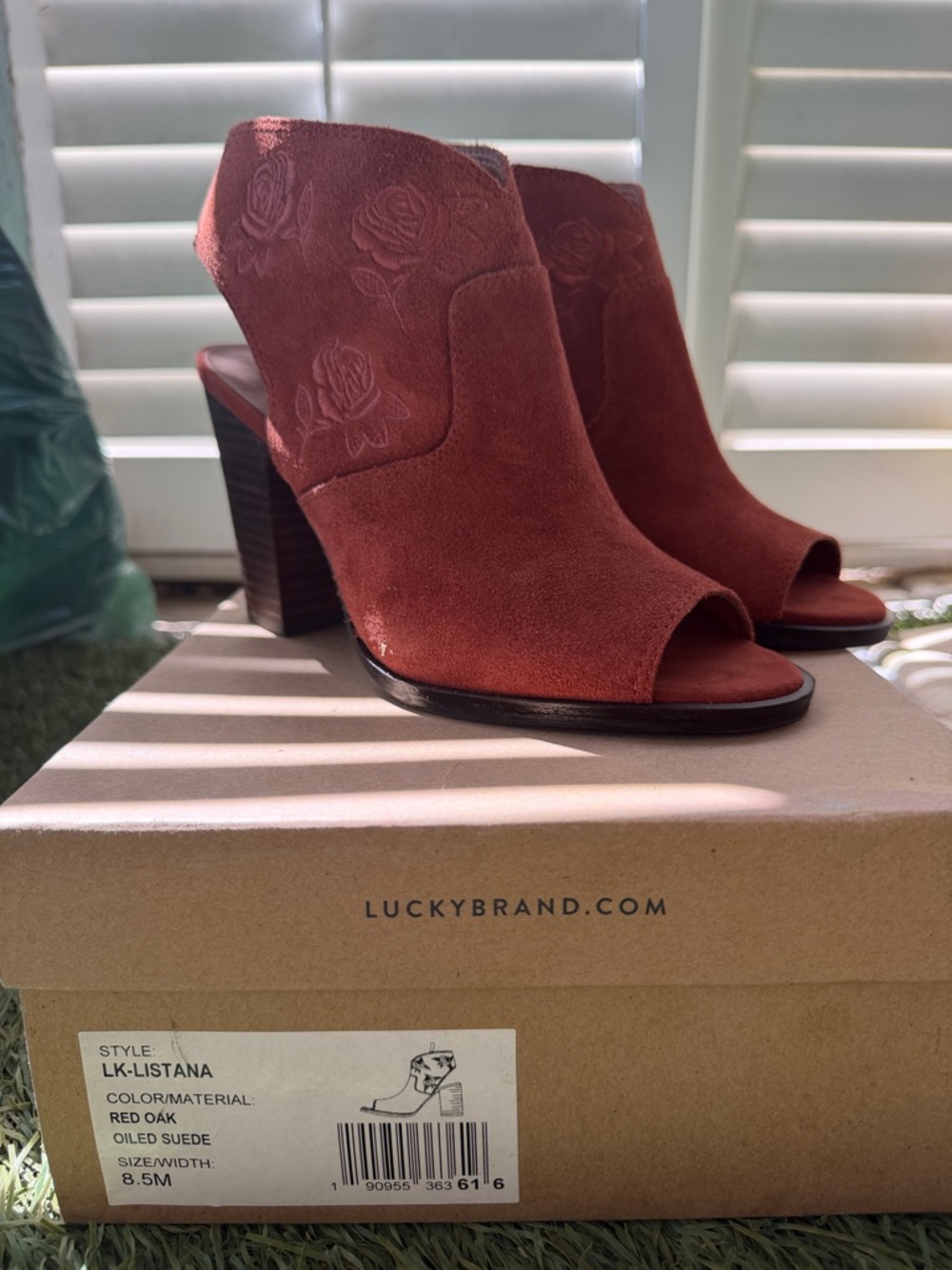 Lucky Brand Red Oak Suede Peep-Toe Block Heel Mules with Rose Embroidery